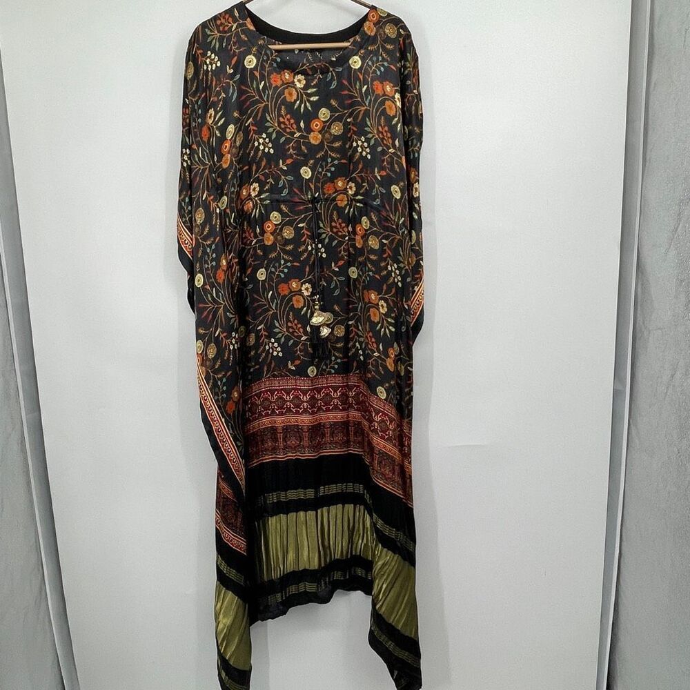 Soch Womens Black Satin Kalamkari Print Kaftan with Tasselled Waist Tie-Up Sz L/